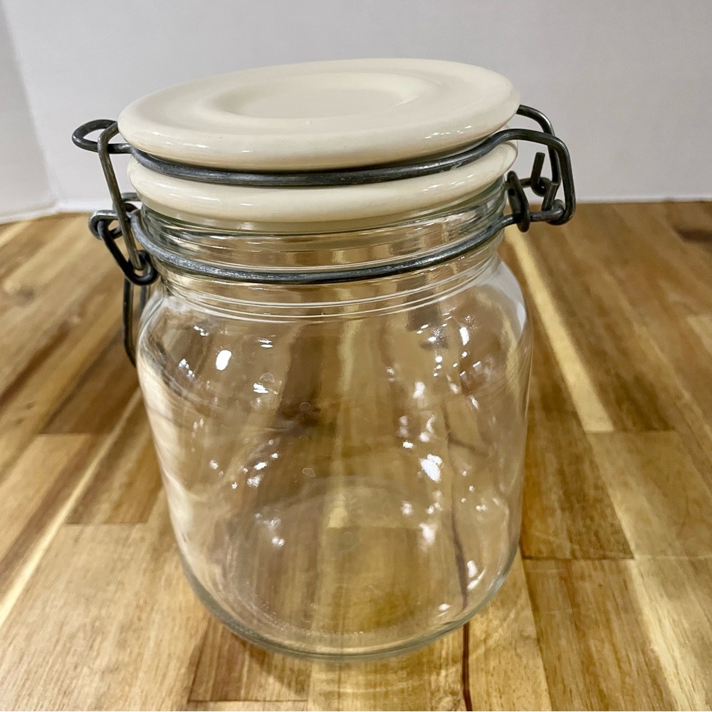 Anchor Hocking Clear Jar Canister With Wire Clamp & Cream Ceramic Lid VTG